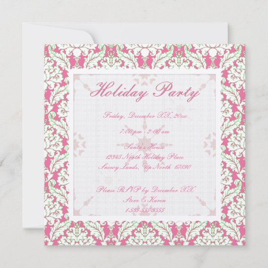 スクエアピンクアンドグリーンダマスクホリデーパーティー招待状 招待状 (正面)