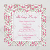 スクエアピンクアンドグリーンダマスクホリデーパーティー招待状 招待状 (正面/裏面)