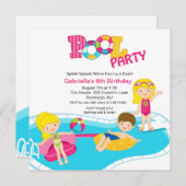 スクエアピンクプールパーティーガールズ誕生日招待状 招待状 (正面/裏面)