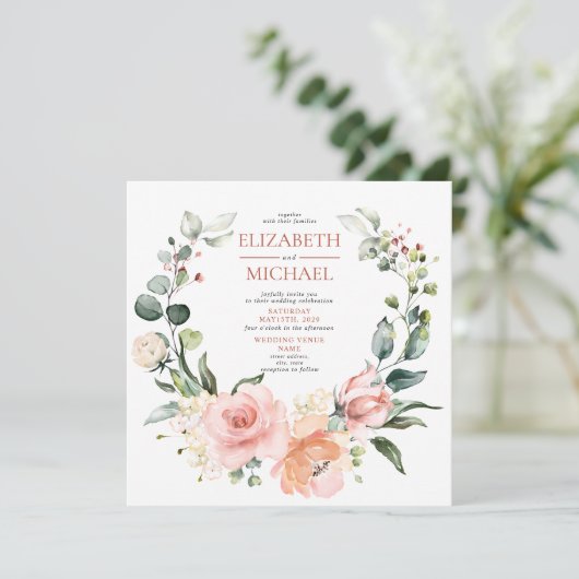 スクエアピーチピンクフローラリース写真 招待状 (スタンド正面)