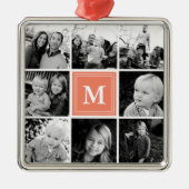 スクエアフォトコラージュコーラルモノグラムのカスタム メタルオーナメント (正面)