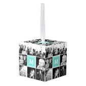 スクエアフォトコラージュティール（緑がかった色）モノグラムのカスタム キューブオーナメント (裏面アングル)