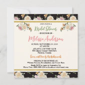 スクエアブラック、アイボリーストライプブライダルシャワー、花模様 招待状 (裏面)