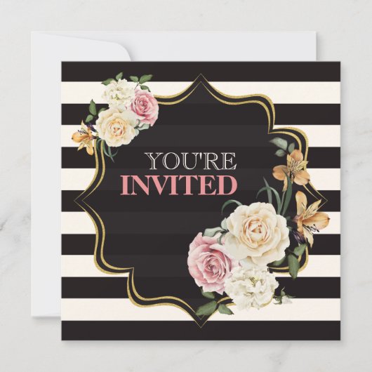 スクエアブラック、アイボリーストライプブライダルシャワー、花模様 招待状 (正面)