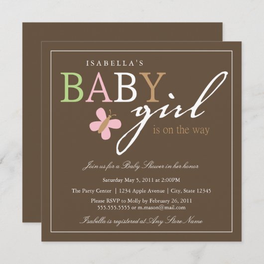 スクエアベビーガールベビーシャワー招待状 招待状 (正面/裏面)