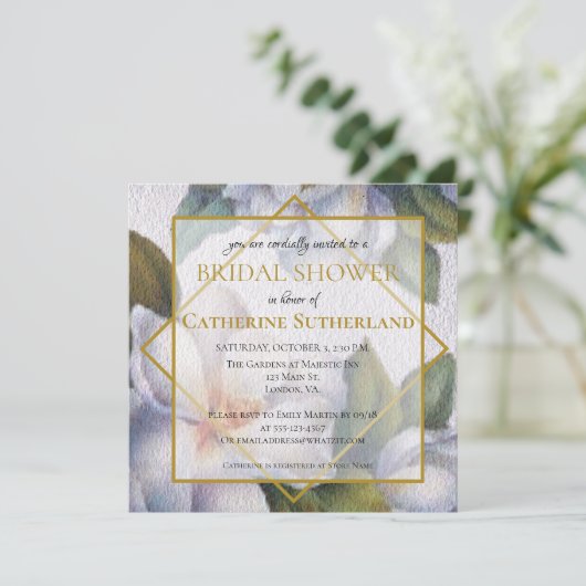 スクエアホワイトマグノリアウォーターカラーブライダルシャワー 招待状 (スタンド正面)