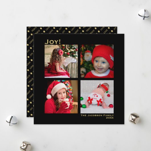 スクエアミニマル4フォトクリスマスジョイブラック シーズンカード (正面/裏面インサイチュ)