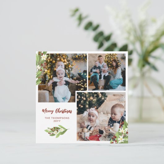 スクエアレッドベリー写真コラージメリークリスマス シーズンカード (スタンド正面)