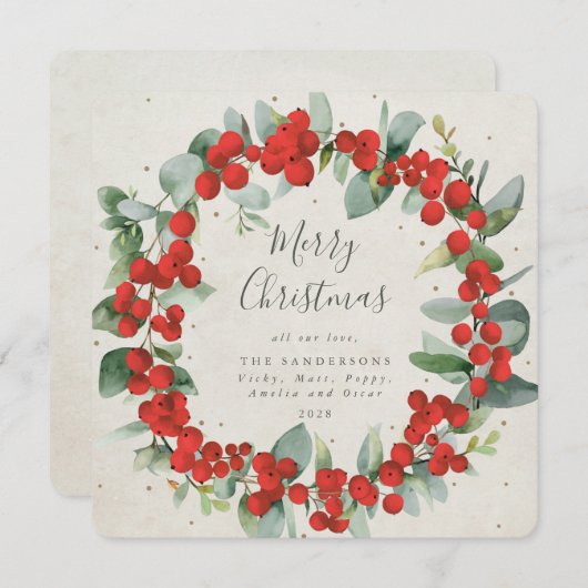 スクエアレッドベリー+ユーカリプトゥスクリスマスリース シーズンカード (正面/裏面)