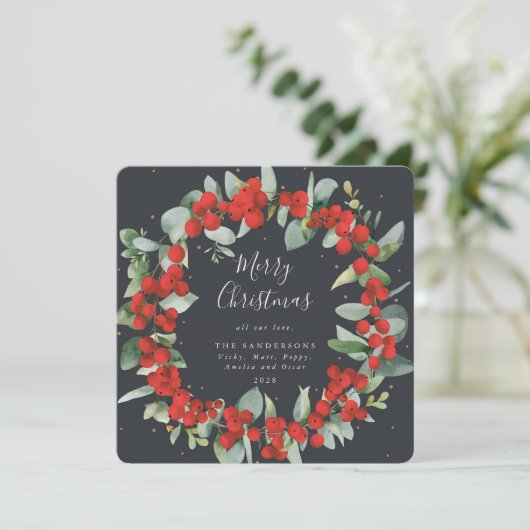 スクエアレッドベリー+ユーカリプトゥスクリスマスリース シーズンカード (スタンド正面)