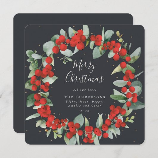 スクエアレッドベリー+ユーカリプトゥスクリスマスリース シーズンカード (正面/裏面)