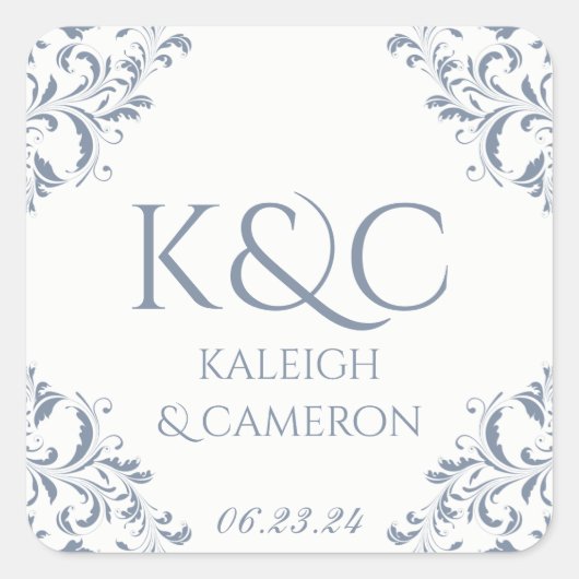 スクエアヴィンテージ結婚式ラベル – ナディネ（ダスティブルー） スクエアシール (正面)