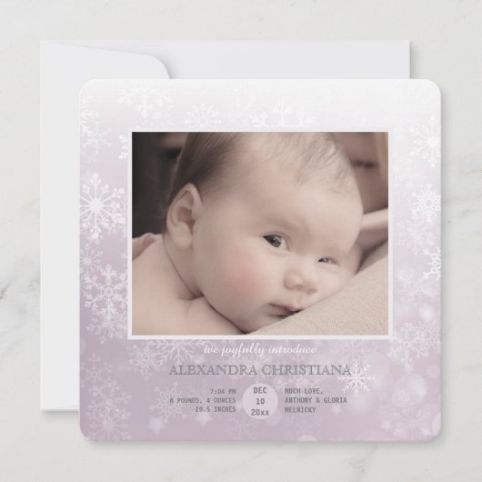 スクエア冬の到着のバラ。 写真の誕生の発表 案内状 (正面)