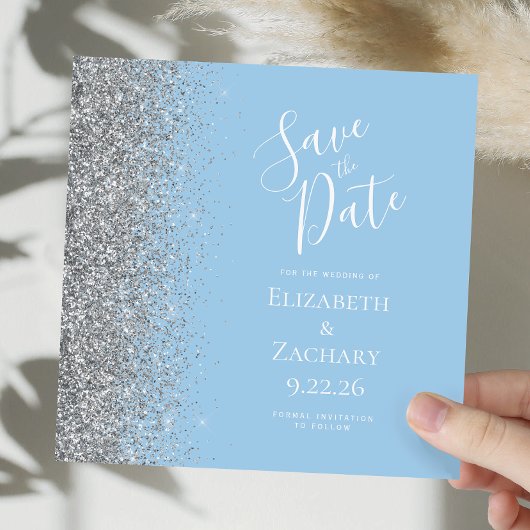 スクエア形のパステルブルー+シルバーグリッター Save the Date 案内状