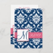 スクエア招待状に合う青いダマスク柄のイニシャルRSVPカード 出欠カード (正面/裏面)