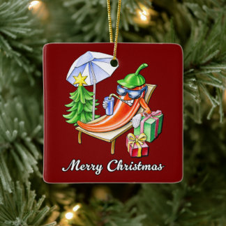 スクエア深いレッドメリークリスマスペッパー セラミックオーナメント