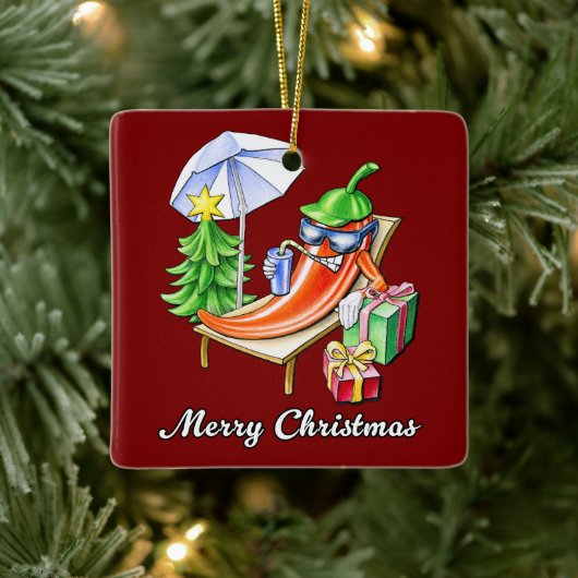 スクエア深いレッドメリークリスマスペッパー セラミックオーナメント (ツリー)
