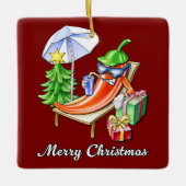 スクエア深いレッドメリークリスマスペッパー セラミックオーナメント (正面)