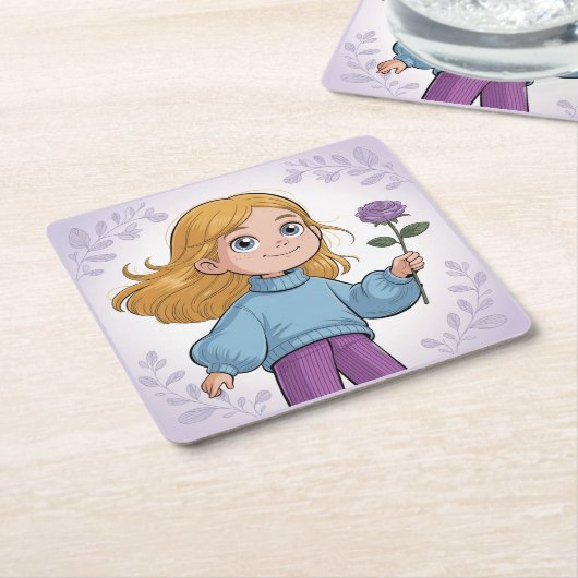 スクエア漫画ガールラベンダーコースターセット スクエアペーパーコースター (アングル)