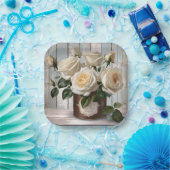 スクエア紙プレートシャビーシックホワイトローズ ペーパープレート (パーティー)