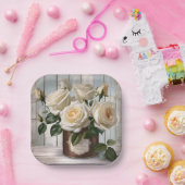 スクエア紙プレートシャビーシックホワイトローズ ペーパープレート (パーティー)