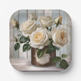スクエア紙プレートシャビーシックホワイトローズ ペーパープレート