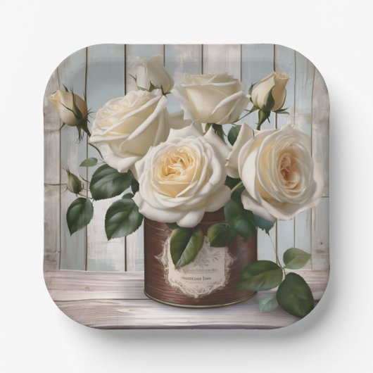 スクエア紙プレートシャビーシックホワイトローズ ペーパープレート (正面)