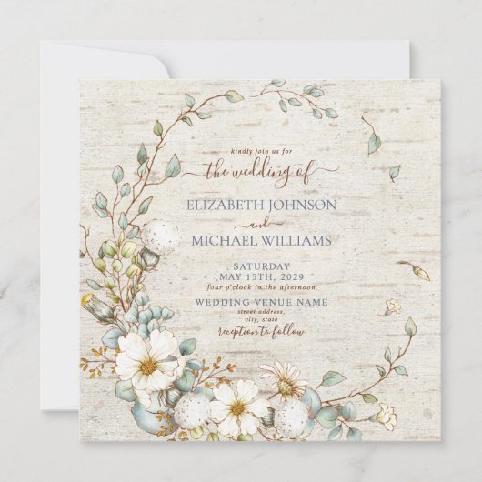 スクエア素朴ダスティブルー&クリームボタニカルフォト 招待状 (正面)