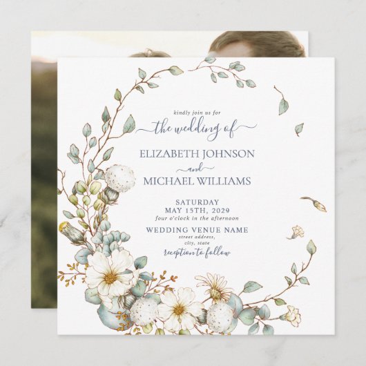 スクエア素朴ダスティブルー&クリームボタニカルフォト 招待状 (正面/裏面)