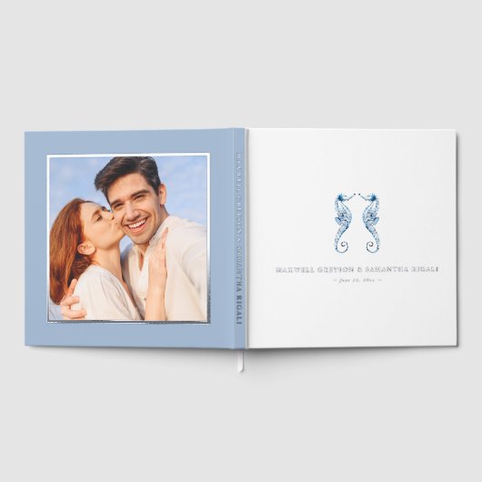 スクエア結婚ズゲストブックウォーターカラーシーホース ゲストブック (全面)