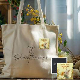 スクエア缶バッジ |かわいいウサギのひまわり持ち 缶バッジ