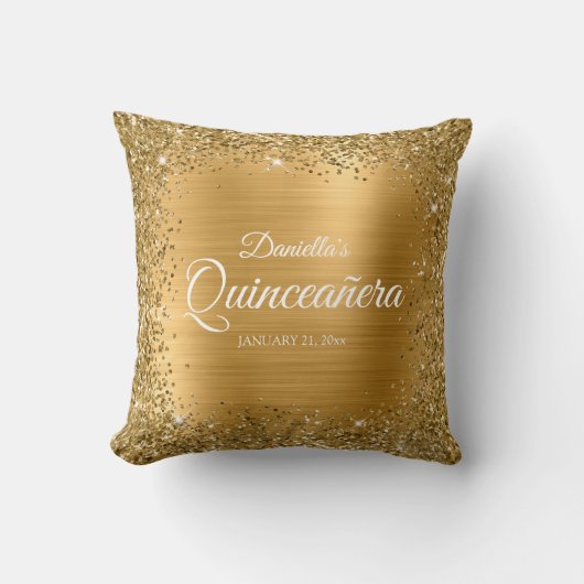 スクエア金ゴールド縁どグリッターアンドフォイルキンセニェラ クッション (正面)