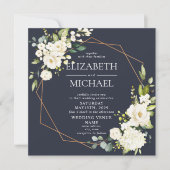 スクエア銅幾何学海軍ブルーフローラ写真 招待状 (正面)