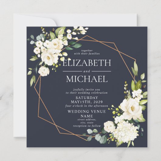 スクエア銅幾何学海軍ブルーフローラ写真 招待状 (正面)