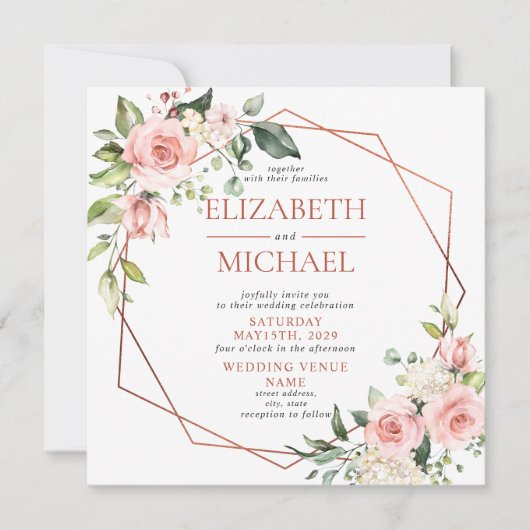 スクエア銅幾何学的フローラユーカリ結婚ス 招待状 (正面)