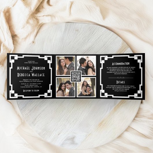 スクエア アールデコ フレーム 黒 白 QRコード ウェディング 三つ折り招待状