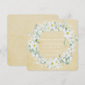 スクエア イエロー + ホワイト フラワー リース イースター ブランシュ 招待状 (正面/裏面)