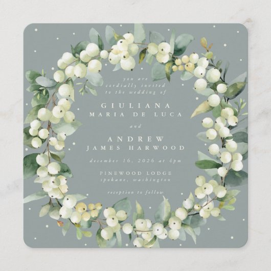 スクエア シーグリーン スノーベリー+ユーカリ ウェディング リース 招待状 (正面)