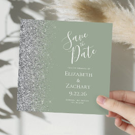 スクエア セージグリーン シルバーグリッター Save the Date 案内状