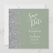 スクエア セージグリーン シルバーグリッター Save the Date 案内状 (正面)