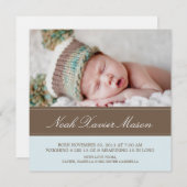 スクエア ブラウン & ブルー | 誕生のお知らせ 案内状 (正面/裏面)