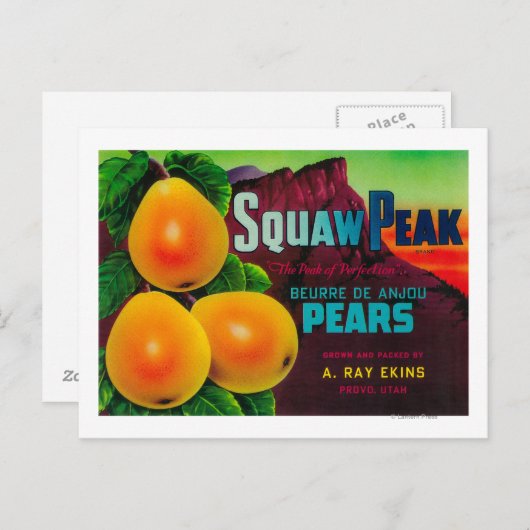 スクオウ・ピークの梨の箱ラベル - プロボ, UT ポストカード (正面/裏面)