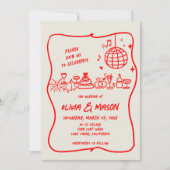 スクックルハンドモダンドロードドードル赤ベージュ色結婚ズ 招待状 (正面)