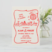 スクックルハンドモダンドロードドードル赤ベージュ色結婚ズ 招待状 (スタンド正面)