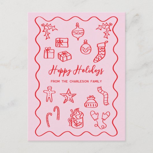 スクライブモダンルイラストレーションドードルピンクと赤 シーズンポストカード (正面)