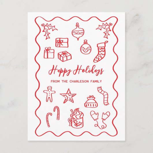 スクライブモダンルイラストレーションドードル赤と白 シーズンポストカード (正面)