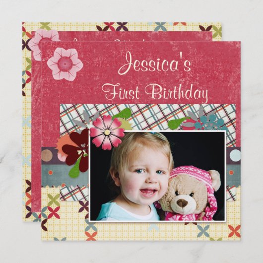 スクラップブックのスタイルの女の子の第1誕生日の写真 招待状 (正面/裏面)