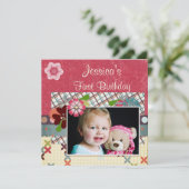 スクラップブックのスタイルの女の子の第1誕生日の写真 招待状 (スタンド正面)