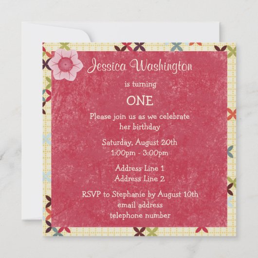 スクラップブックのスタイルの女の子の第1誕生日の写真 招待状 (裏面)