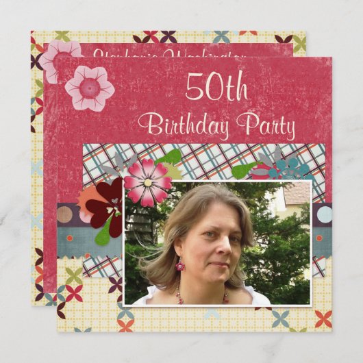 スクラップブックのスタイルの第50誕生会はあなたの写真を加えます 招待状 (正面/裏面)